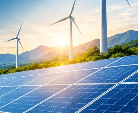 Solar array in the foreground with wind turbines on the hills at sunrise